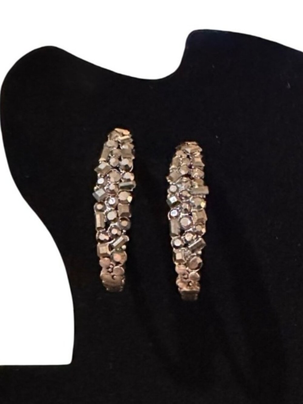 Crystal Embellished Silver Tone Hoop Earrings 1.5 Inch Diameter Textured NWOT